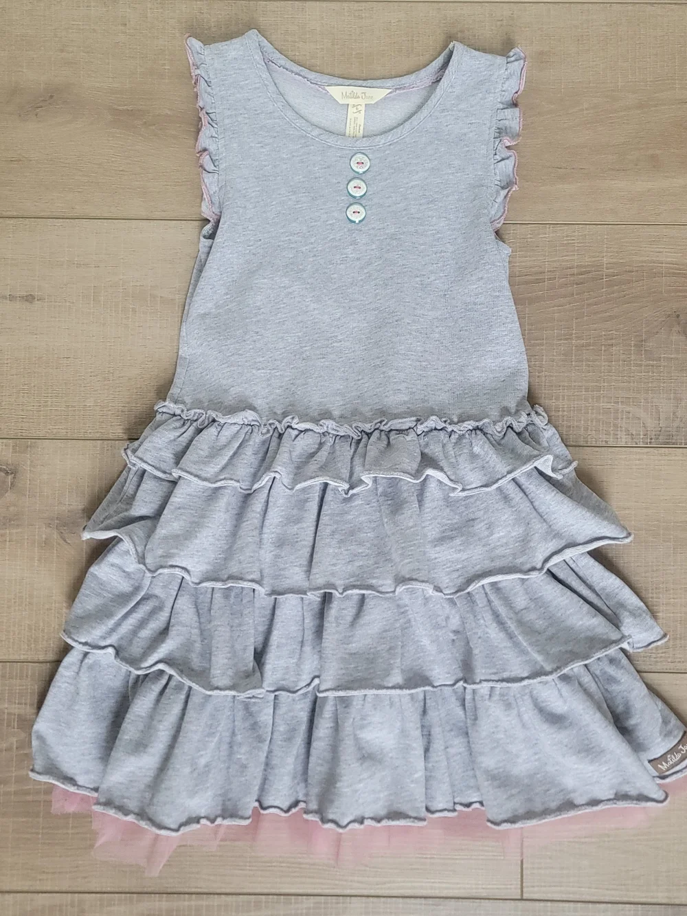 Matilda Jane Girls Pink Tulle Ruffle Twirl Gray Cotton Sleeveless Dress Size 6